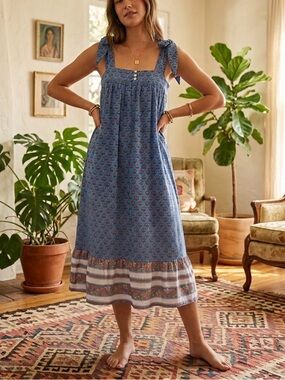 Cleobella Blue Floral Print 100% Cotton Tie-Shoulder Midi Dress Womens Size XS
